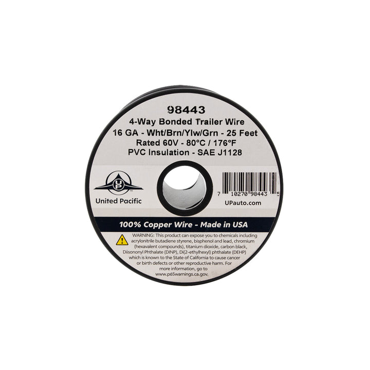 Trailer Wire Bonded - Rated 80°C 16 AWG 4 - Way, Wht/Brn/Ylw/Grn 25 Ft.