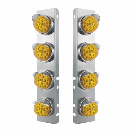 Stainless Steel Front Air Cleaner Bracket With 8 x 17 Amber LED Reflector Lights &amp; Stainless Steel Visors For Peterbilt - Amber Lens