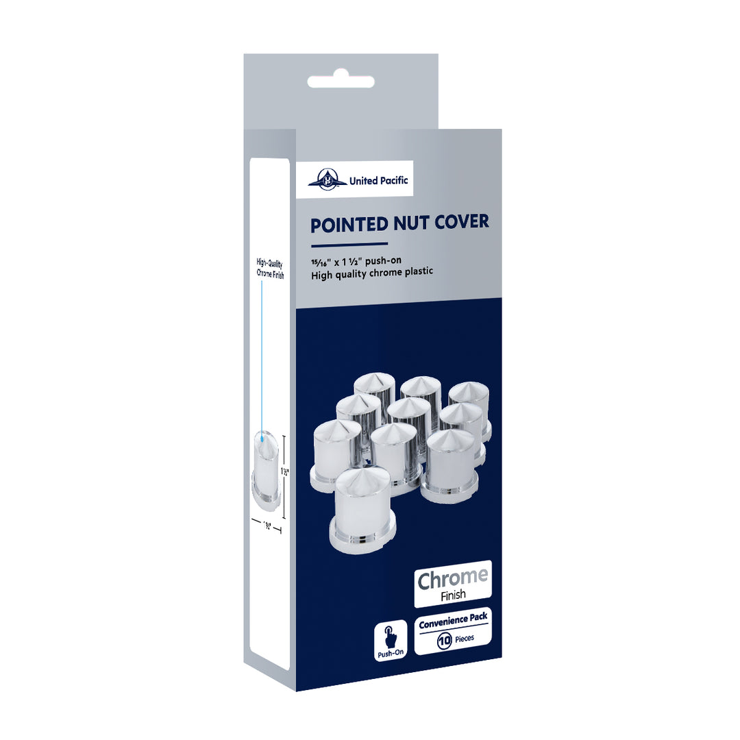 15/16" x 1-1/2" Chrome Plastic Pointed Nut Covers - Push-On (10-Pack)