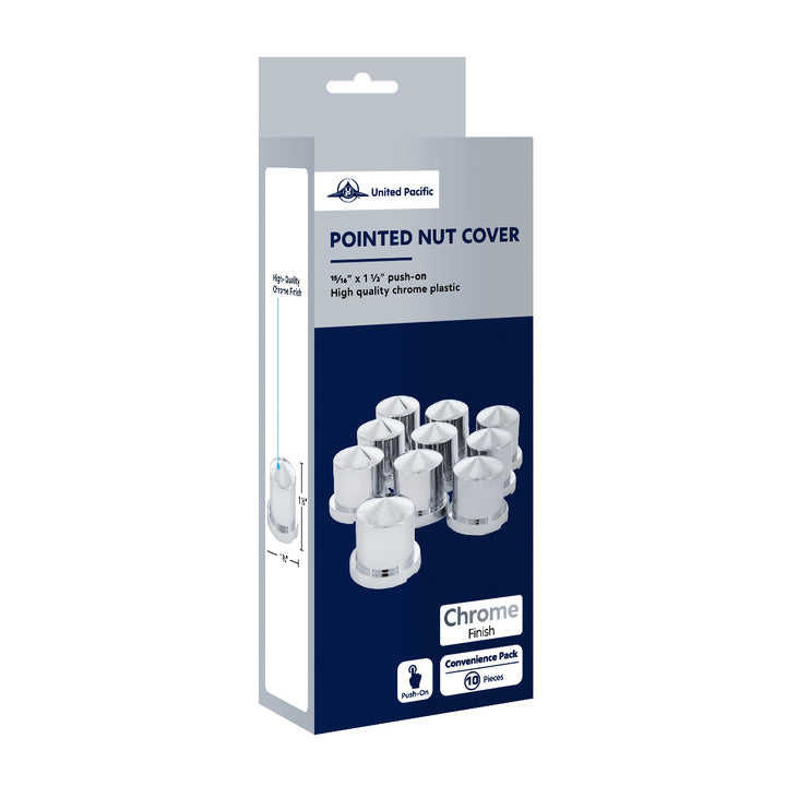 15/16" x 1-1/2" Chrome Plastic Pointed Nut Covers - Push-On (10-Pack)