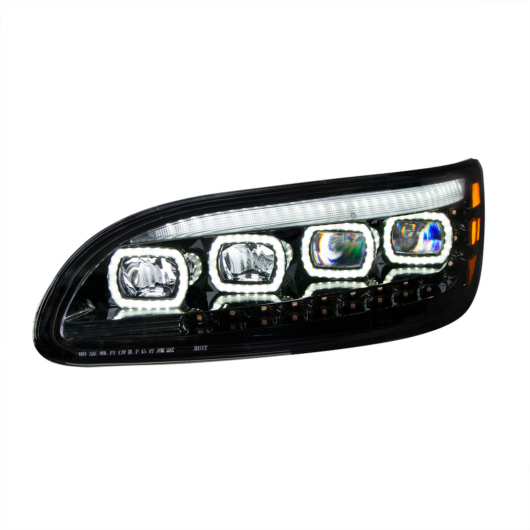 Black Quad - LED Headlight With LED DRL &amp; Seq. Signal For 2005-2015 Peterbilt 386 - Driver