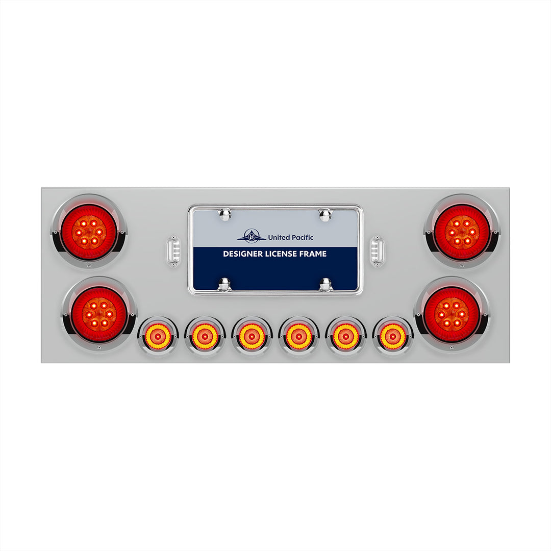 Stainless Steel Rear Center Panel With Four 16 LED 4" Turbine Light &amp; Six 7 LED 2" Lights &amp; Visor - Red LED/Red Lens