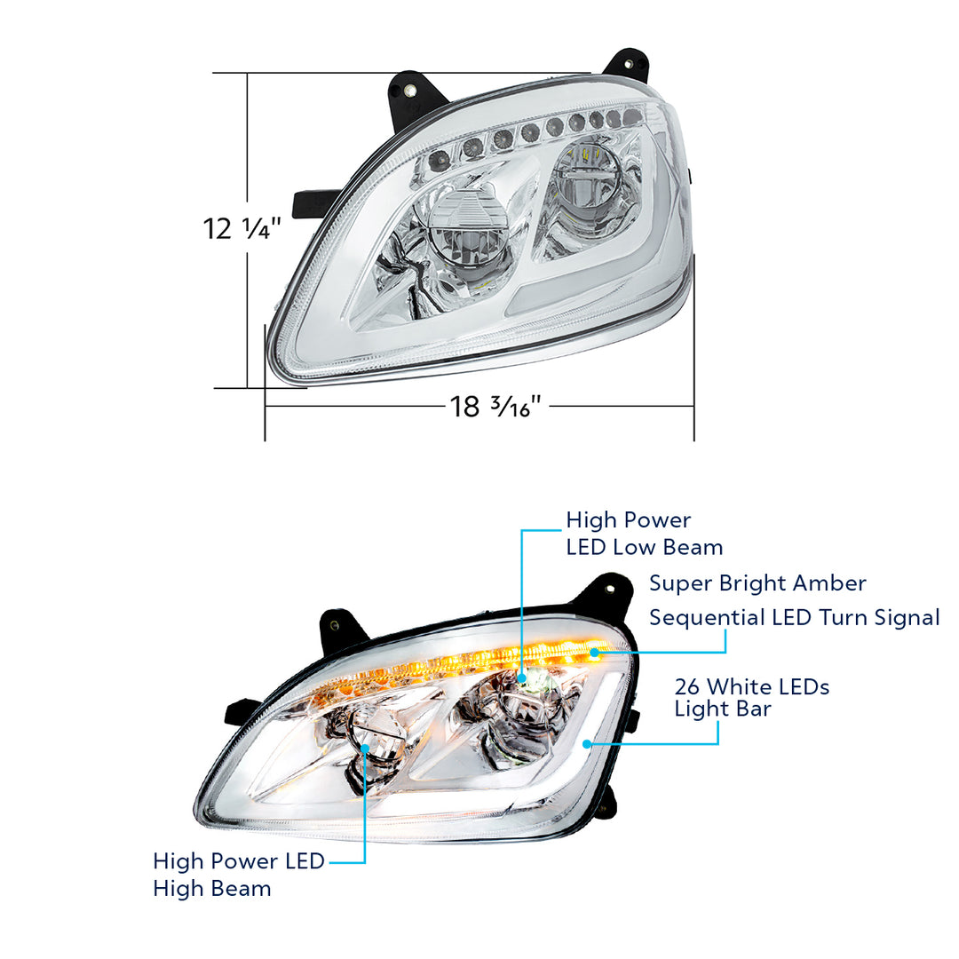 Chrome LED Headlight W/Sequential LED Turn Signal For Peterbilt 579 (2012-21) &amp; 587 (2010-16) - Passenger