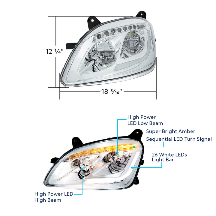 Chrome LED Headlight W/Sequential LED Turn Signal For Peterbilt 579 (2012-21) &amp; 587 (2010-16) - Passenger