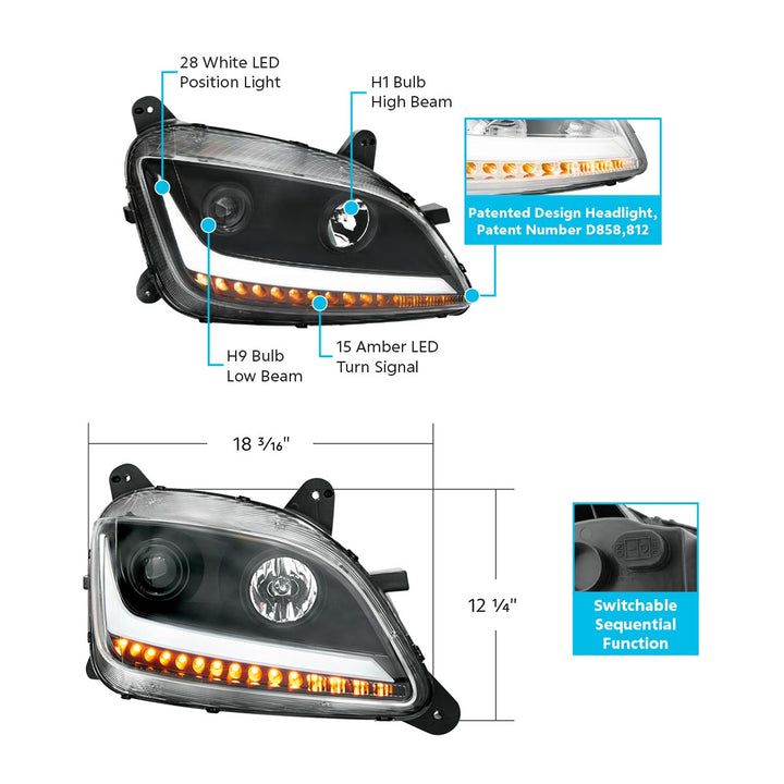 Black Projection Headlight With LED Position &amp; Sequential Signal For 2012-2021 Peterbilt 579 - Passenger