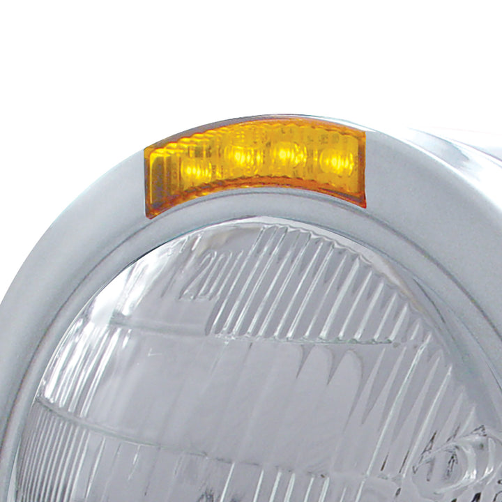 Stainless Steel Bullet Half Moon Headlight 6014 Bulb &amp; LED Turn Signal - Amber Lens