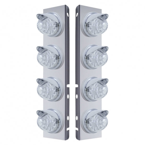 Stainless Steel Front Air Cleaner Bracket With 8 x 17 LED Reflector Watermelon Lights &amp; Visors For Peterbilt - Amber LED/Clear Lens