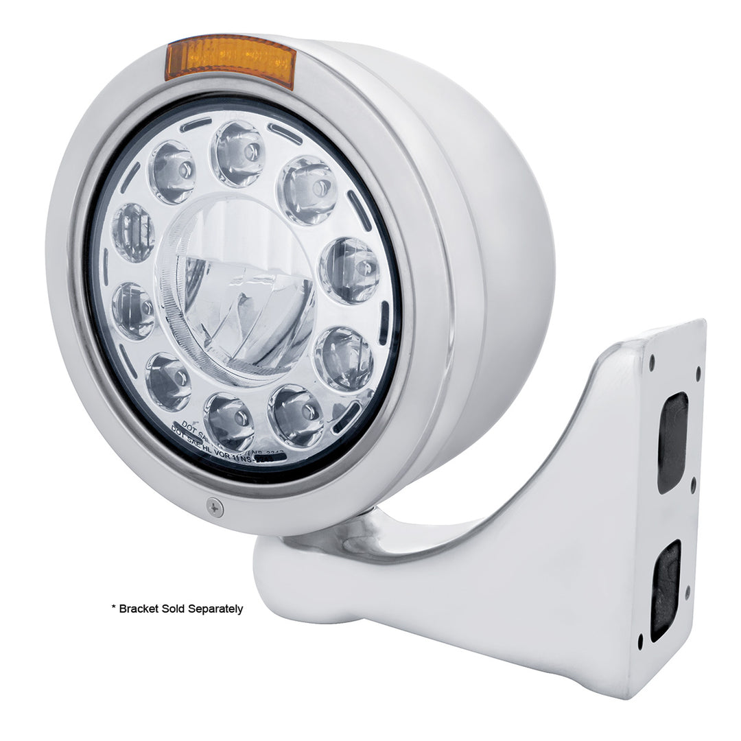 Stainless Bullet Half Moon Headlight 11 LED Bulb &amp; LED Signal - Amber Lens