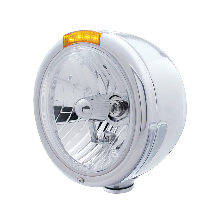 Stainless Steel Classic Half Moon Headlight Crystal H4 Bulb &amp; LED Turn Signal - Amber Lens