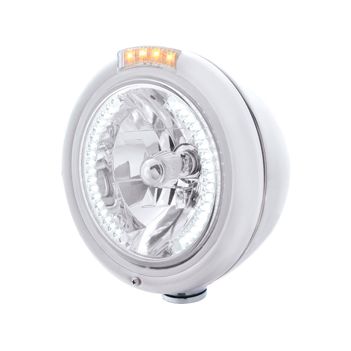 Stainless Steel Classic Headlight H4 With 34 White LED &amp; Dual Mode LED Signal - Clear Lens