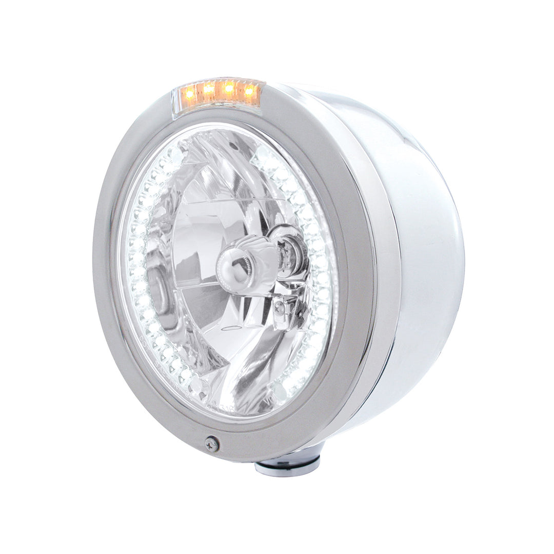 Stainless Steel Bullet Half Moon Headlight H4 With White LED &amp; Signal - Clear Lens