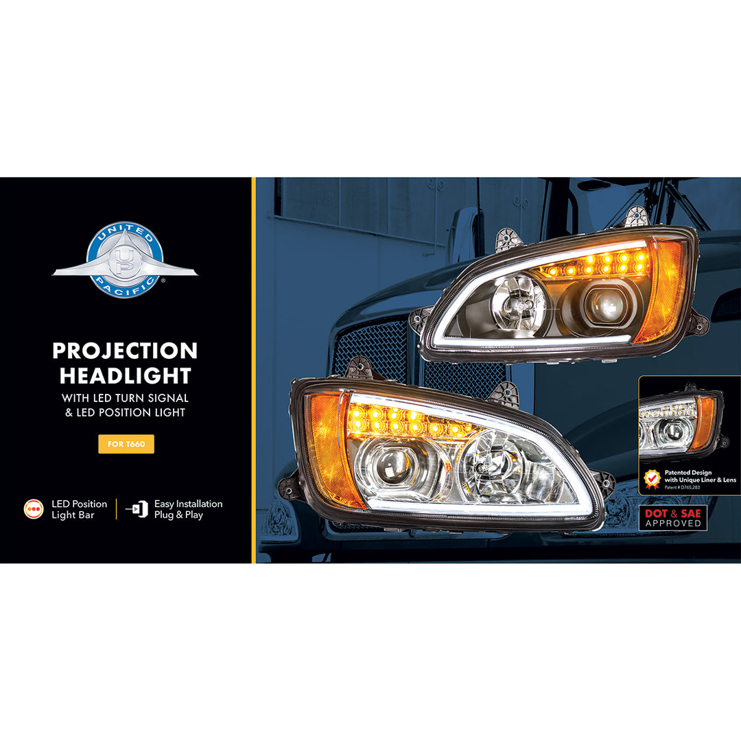Chrome Projection Headlight With LED Turn Signal &amp; Position Light For 2008-2017 Kenworth T660 - Driver