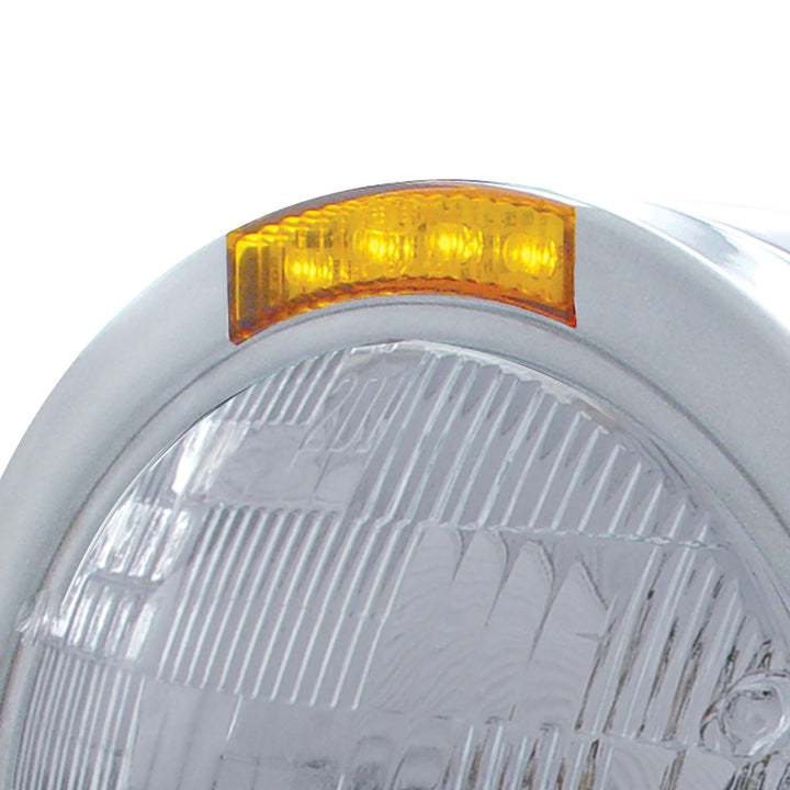 Stainless Steel Bullet Half Moon Headlight H6024 Bulb &amp; LED Turn Signal - Amber Lens