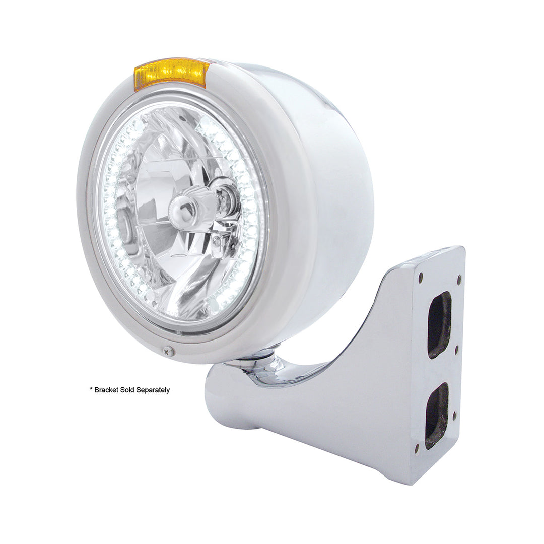 Stainless Steel Classic Half Moon Headlight H4 With White LED &amp; Signal - Amber Lens