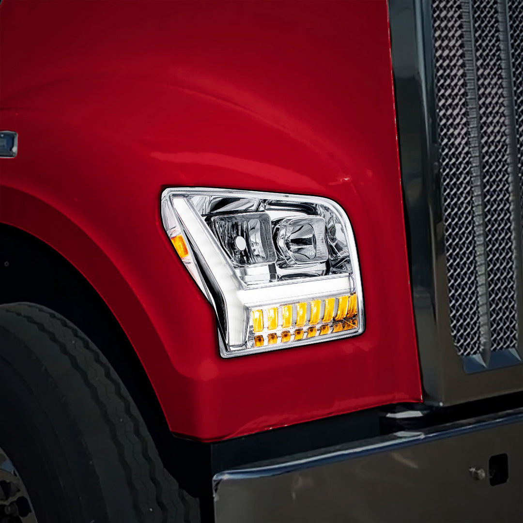 Chrome Headlight With LED DRL Light Bar &amp; Turn Signal For 2018-2024 Kenworth W990 - Passenger