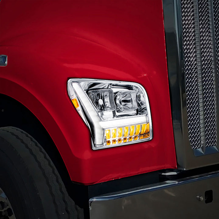 Chrome Headlight With LED DRL Light Bar &amp; Turn Signal For 2018-2024 Kenworth W990 - Passenger