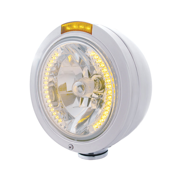 Stainless Steel Bullet Classic Headlight H4 With Amber LED &amp; Signal - Amber Lens