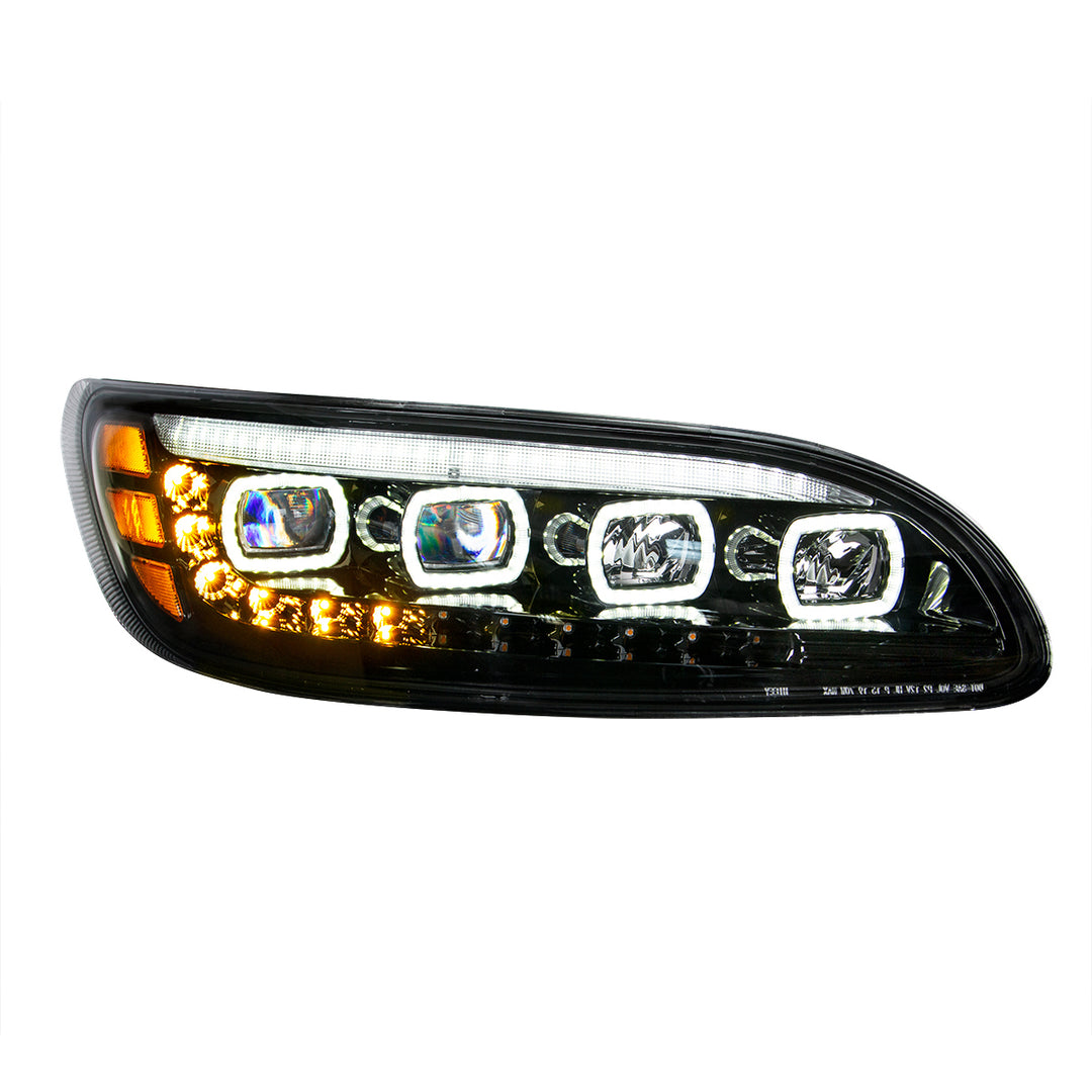 Black Quad - LED Headlight With LED DRL &amp; Seq. Signal For 2005-2015 Peterbilt 386 - Passenger