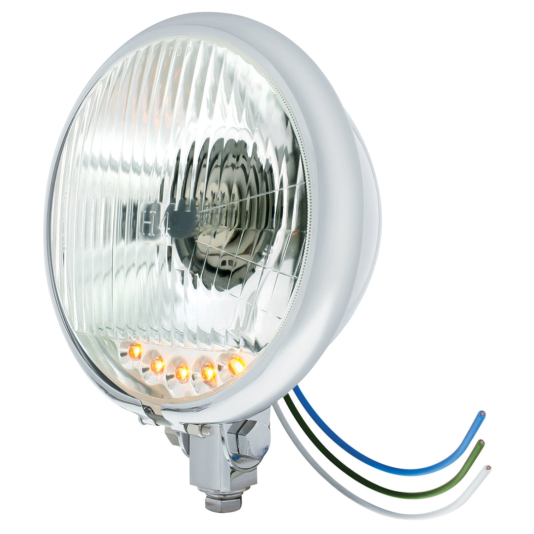 Chrome 5-3/4" Motorcycle Headlight H4 Bulb With 5 Amber LED - Bottom Mount