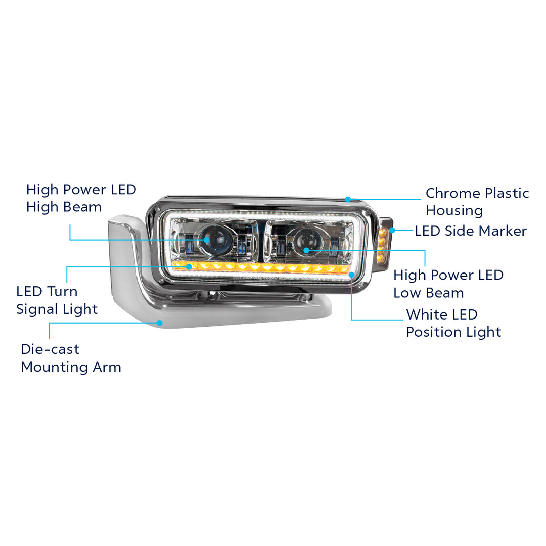 High Power LED Chrome Projection Headlight Assembly With Mounting Arm &amp; Turn Signal - Driver