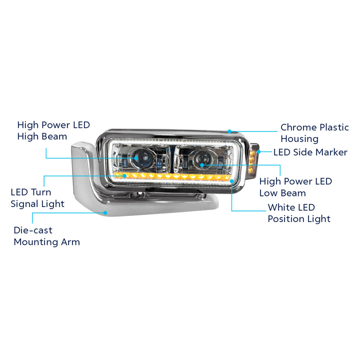 High Power LED Chrome Projection Headlight Assembly With Mounting Arm &amp; Turn Signal - Driver