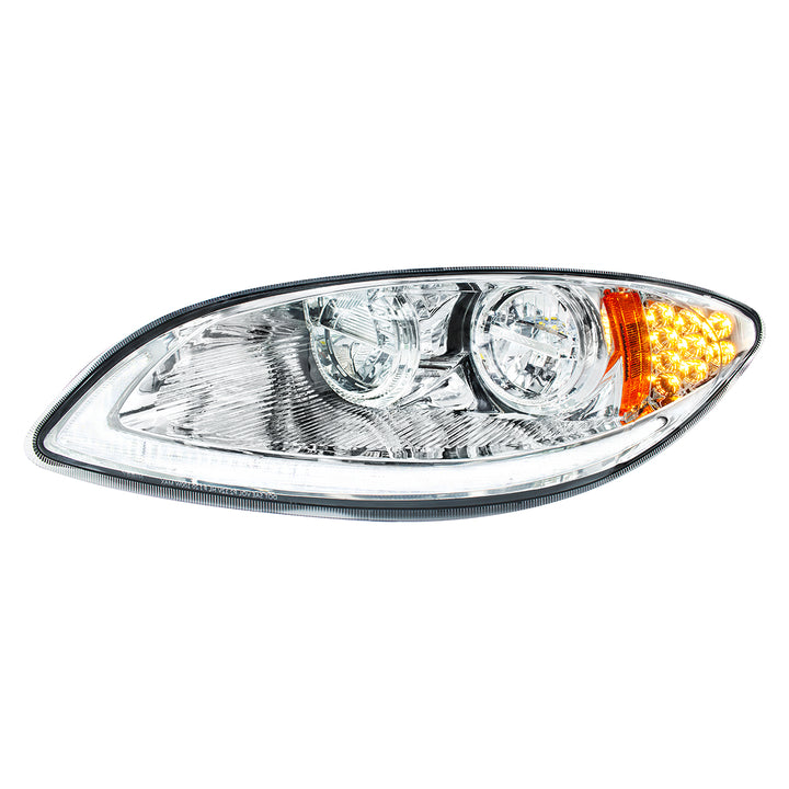 Chrome LED Headlight With LED Light Bar &amp; Turn Signal For 2006-2017 International Prostar - Driver