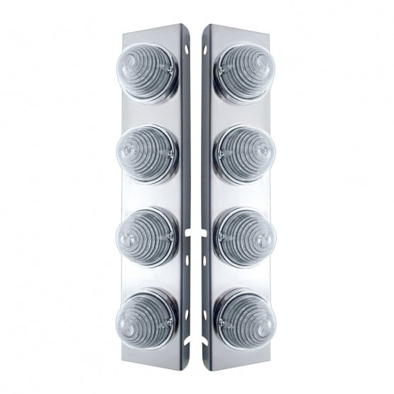 Stainless Steel Front Air Cleaner Bracket W/8 x 17 LED Beehive Lights &amp; Stainless Steel Bezels For Peterbilt - Amber LED/Clear Lens (Pair)