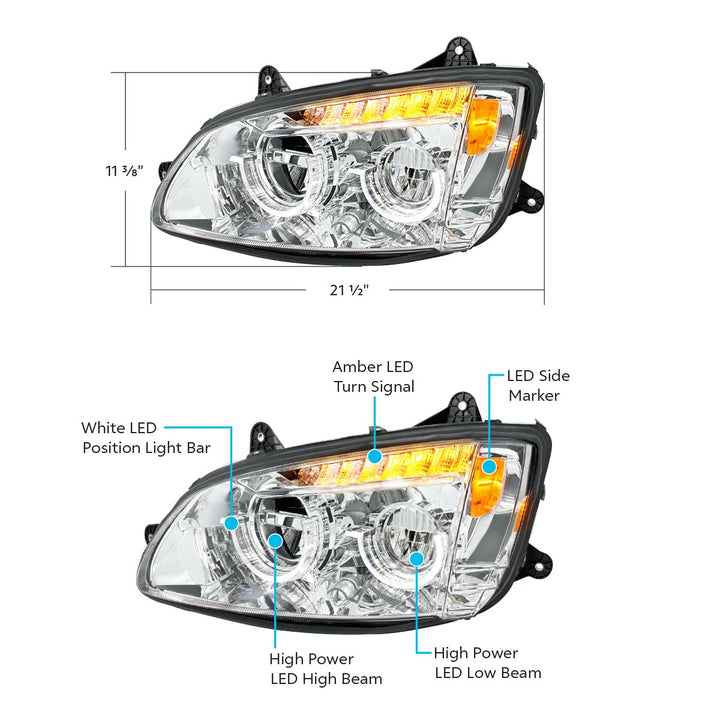 Chrome Full LED Headlight For 2008-2017 Kenworth T660 - Driver