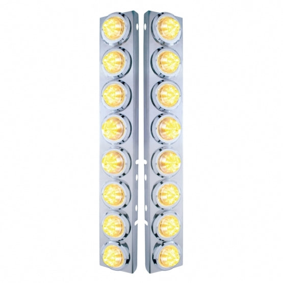 Stainless Steel Front Air Cleaner Bracket With 16 x 9 LED 2" Beehive Lights &amp; Bezels For Peterbilt - Amber LED/Clear Lens