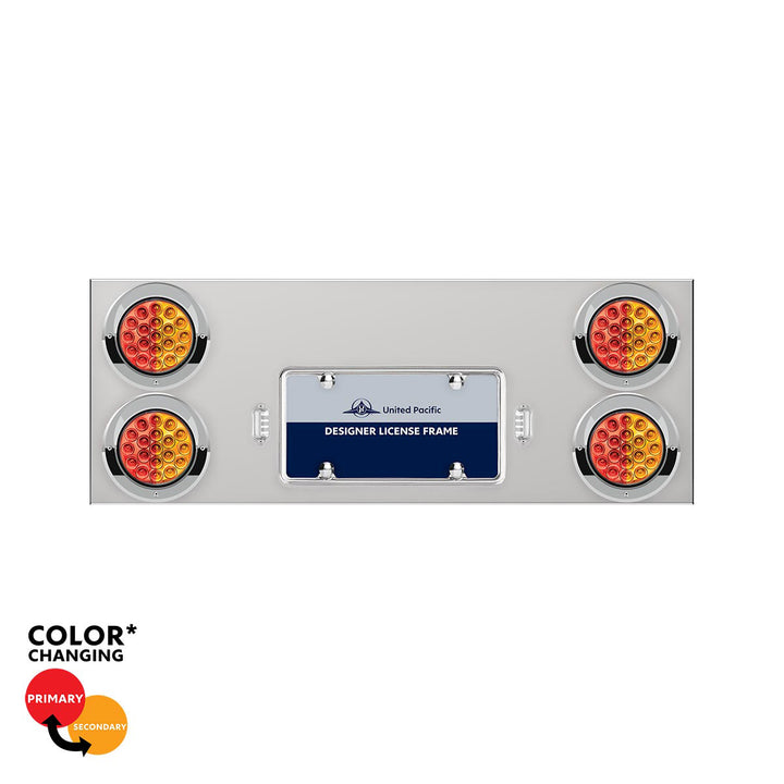 33-3/4" Stainless Steel Rear Center Panel With 4 x 19 LED 4" Double Fury Lights &amp; Visors - Red &amp; Amber LED