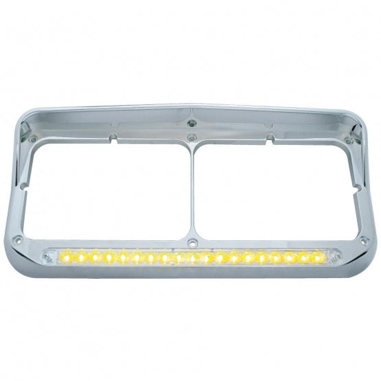 Chrome Rectangular Dual Headlight Bezel With Visor &amp; 19 LED Light Bar - Amber LED/Clear Lens