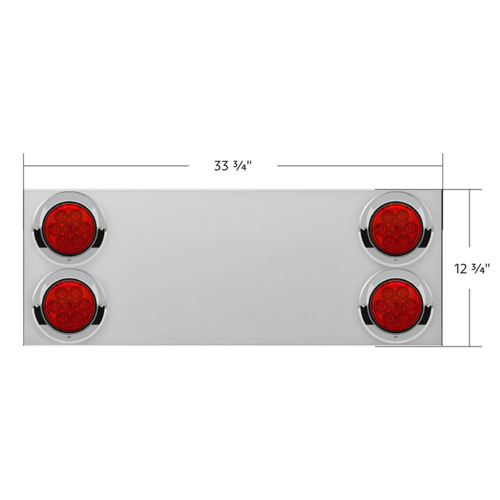 33-3/4" Stainless Rear Center Panel With Four 7 LED 4" Reflector Lights &amp; Visors(No LP Holes) - Red LED/Red Lens