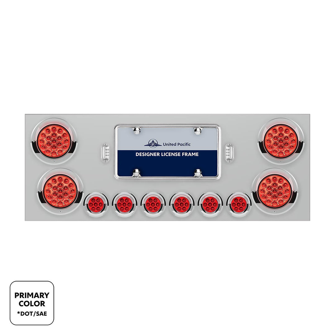 Stainless Steel Rear Center Panel With 4 x 19 LED 4" &amp; 6 x 7 LED 2" Double Fury Lights &amp; Visors - Red &amp; Green LED