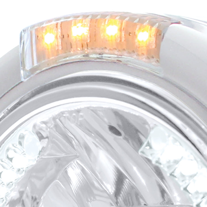 Stainless Steel Classic Half Moon Headlight H4 With White LED &amp; Dual Mode LED Signal - Clear Lens