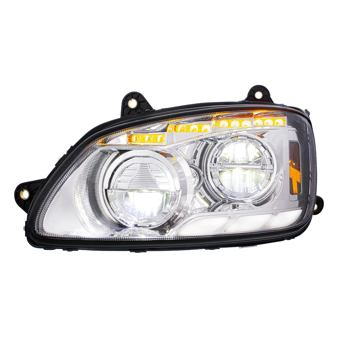 Chrome LED Headlight With Sequential Turn Signal &amp; Position Light Bars For 2008-17 Kenworth T660 - Driver