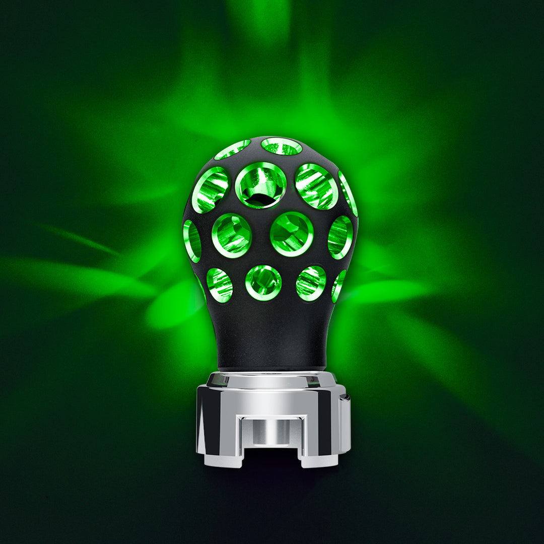 Thread-On Matte Black Phoenix Style Ball Gearshift Knob With LED 13/15/18 Speed Adapter - Green LED