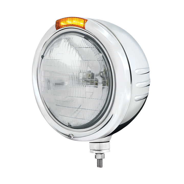 Stainless Steel Classic Embossed Stripe Headlight H6024 &amp; Dual Mode LED Signal - Amber Lens