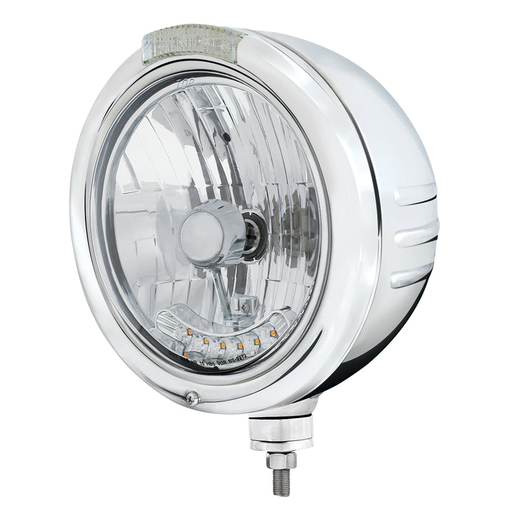 Stainless Steel Classic Embossed Stripe Headlight Housing &amp; H4 With 6 Amber LED &amp; Dual Mode LED Signal - Clear Lens