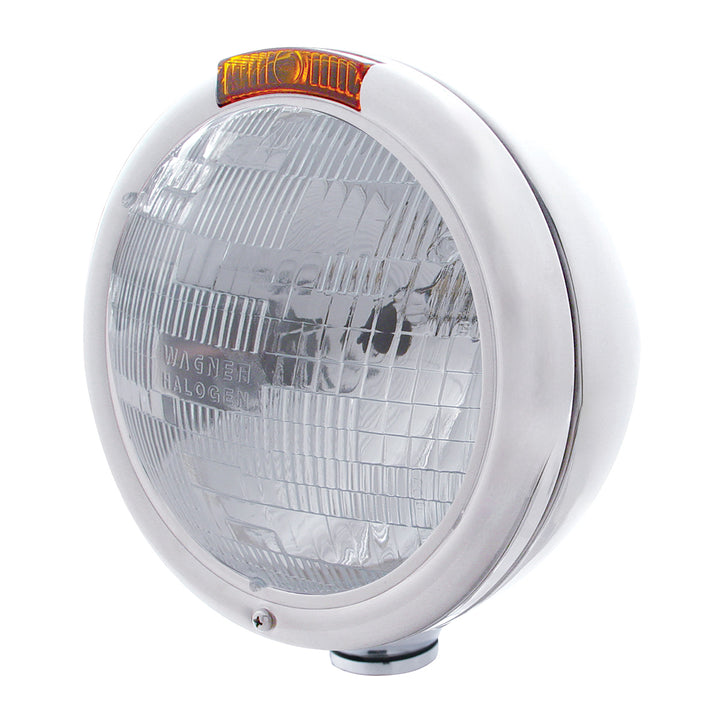Stainless Steel "Classic" Headlight H6024 Bulb &amp; Turn Signal - Amber Lens