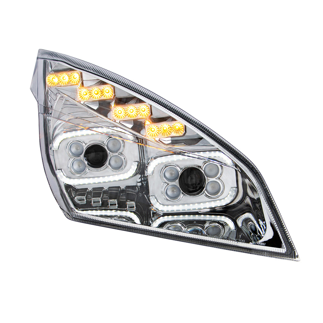 Chrome 10 LED Projector Headlight With LED Sequential Turn &amp; DRL For 2018-2024 Cascadia - Passenger