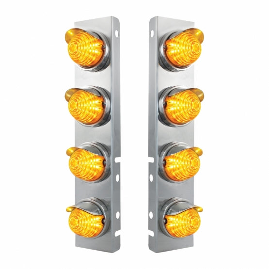 Stainless Steel Front Air Cleaner Bracket With 8 x 17 Amber LED Beehive Lights &amp; Stainless Steel Visors For Peterbilt - Amber Lens