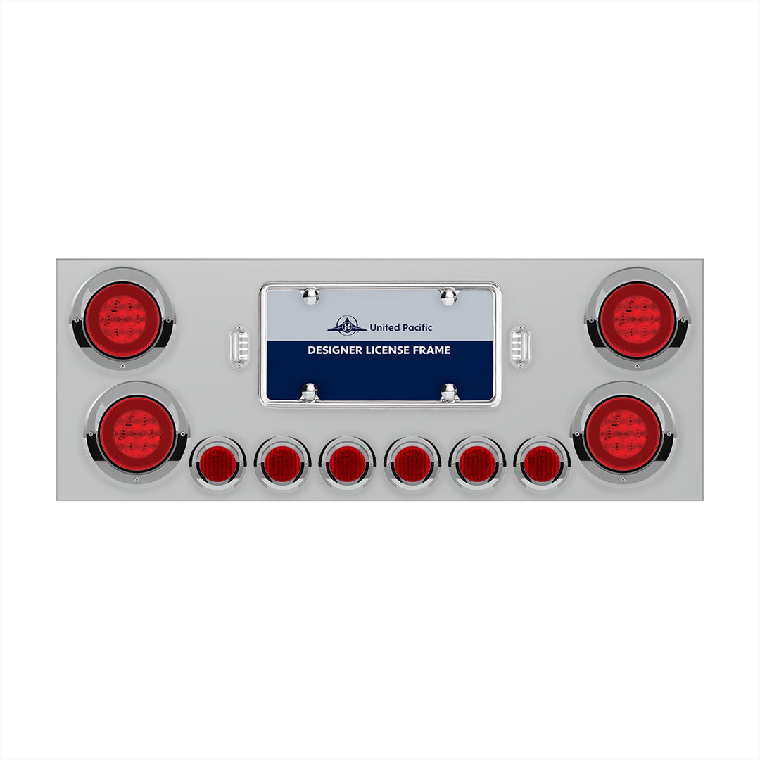 Stainless Steel Rear Center Panel With 4 x 21 LED 4" GloLight &amp; 6 x 9 LED 2" Lights &amp; Visors - Red LED &amp; Lens