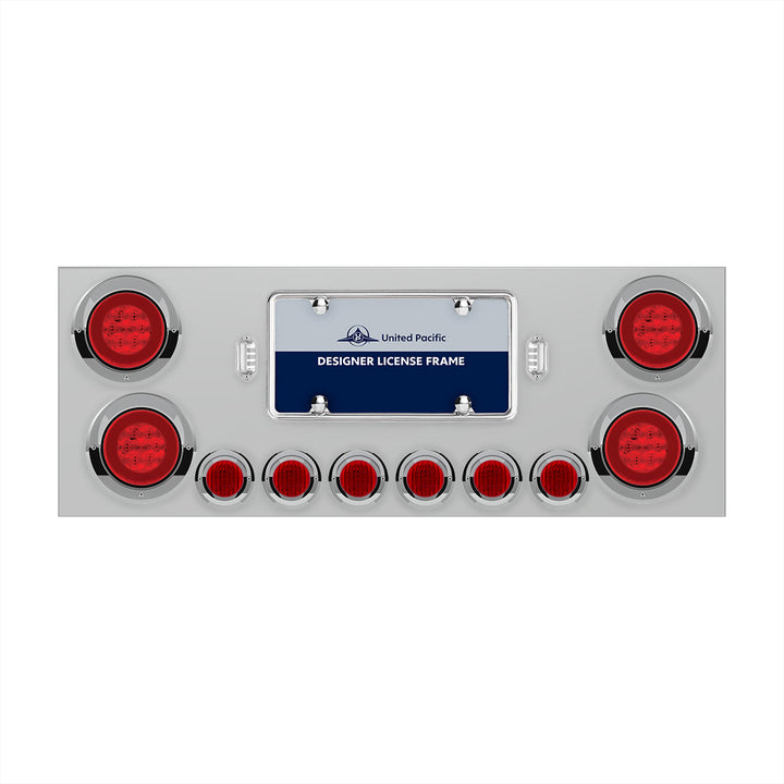 Stainless Steel Rear Center Panel With 4 x 21 LED 4" GloLight &amp; 6 x 9 LED 2" Lights &amp; Visors - Red LED &amp; Lens