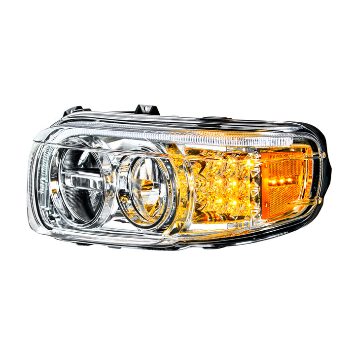 Chrome LED Headlight With LED Turn &amp; Position Light Bar For Peterbilt 388 (2008-2015) &amp; 389 (2008-2023) - Driver