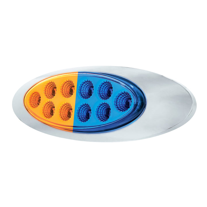 10 LED Oval Double Fury Light With Clear Lens &amp; Chrome Bezel (Clearance/Marker) - Amber &amp; Blue LED/Clear Lens