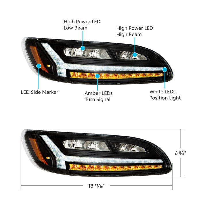 Blackout 6 LED Headlight For Peterbilt 386 (2006-2016) &amp; 387 (2000-2011) - Passenger