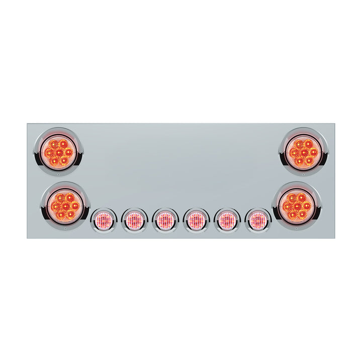 Stainless Steel Rear CP With 4 x 7 LED 4" Reflector Lights &amp; 6 x 9 LED 2" Lights &amp; Visors (No LP Holes) - Red LED/Clear Lens