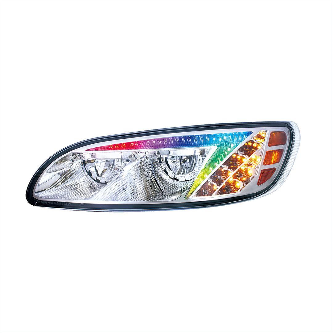 Chrome LED Headlight With Color Changing Position Light Bar For Peterbilt 386 (2005-2015) &amp; 387 (1999-2010) - Driver