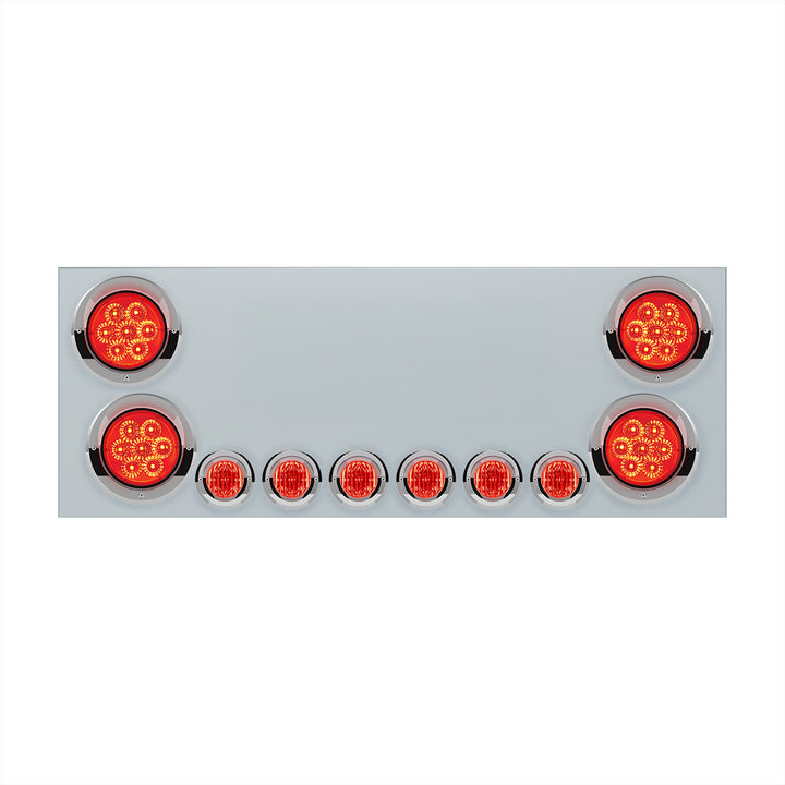 Stainless Steel Rear CP With 4 x 7 LED 4" Reflector Lights &amp; 6 x 9 LED 2" Lights &amp; Visors (No LP Holes) - Red LED &amp; Lens
