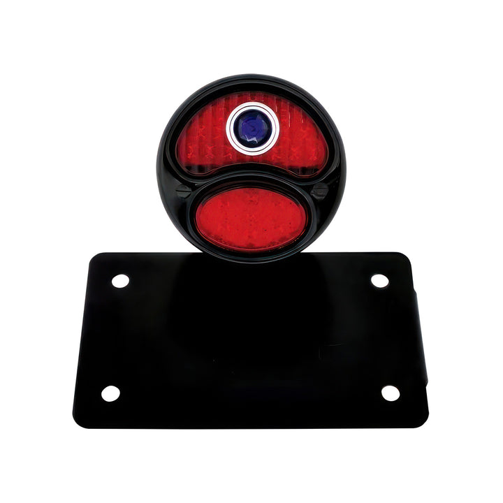 Black 1928 DUO Lamp &amp; Blue Dot Style LED Tail Light Assembly With Horizontal Mounting Bracket For Motorcycle